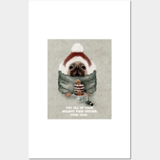 Cute Holiday Pug in Santa Hat With Gingerbread Cake And Holiday Wishes- Funny Dog Posters and Art